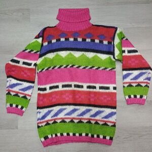 Vintage Mohair Turtle Neck Sweater Geometric Colorful 80s Sweater Tunic Large